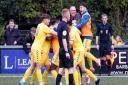 Even manager AFC Sudbury boss Rick Andrews joins the celebrations for Lewis O'Malley's match-clinching goal against Dartford