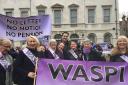 Stephanie Atkinson (left, holding banner) marches in London with other WASPI women from Suffolk. Image: Karen Sheldon