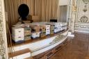 Boxes of records being stored on the stage in the ballroom at Donald Trump’s Mar-a-Lago estate in Palm Beach, Florida (Justice Department via AP)