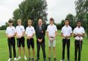 Newton Green (left) Oli Page, Ben Tatum and Harvey Watts on the first tee at Bury St Edmunds before their match against Ipswich (Will Garland, Ryan Goodarzi and Habebul Islam). Referee and chairman of Suffolk junior golf is in the centre. Picture: TONY