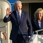 US President Joe Biden and First Lady Jill Biden arrive on Air Force One at RAF Mildenhall in Suffolk, ahead of the G7 summit in Cornwall