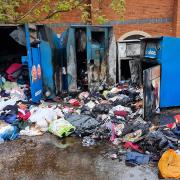 The charity clothing bins at the back of the Kingfisher Leisure Centre in Sudbury were found alight